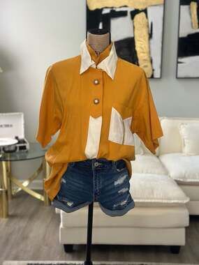 Vintage Freestyle 100% Rayon Mustard Yellow and Ivory Colorblock Button Up Shirt